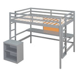 Full size Loft Bed with Desk and Writing Board, Wooden Loft Bed with Desk & 2 Drawers Cabinet- Gray - Home Elegance USA