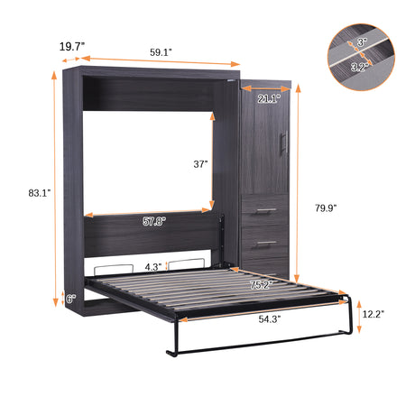 Full Size Murphy Bed with Wardrobe and Drawers, Storage Bed, can be Folded into a Cabinet, Gray - Home Elegance USA