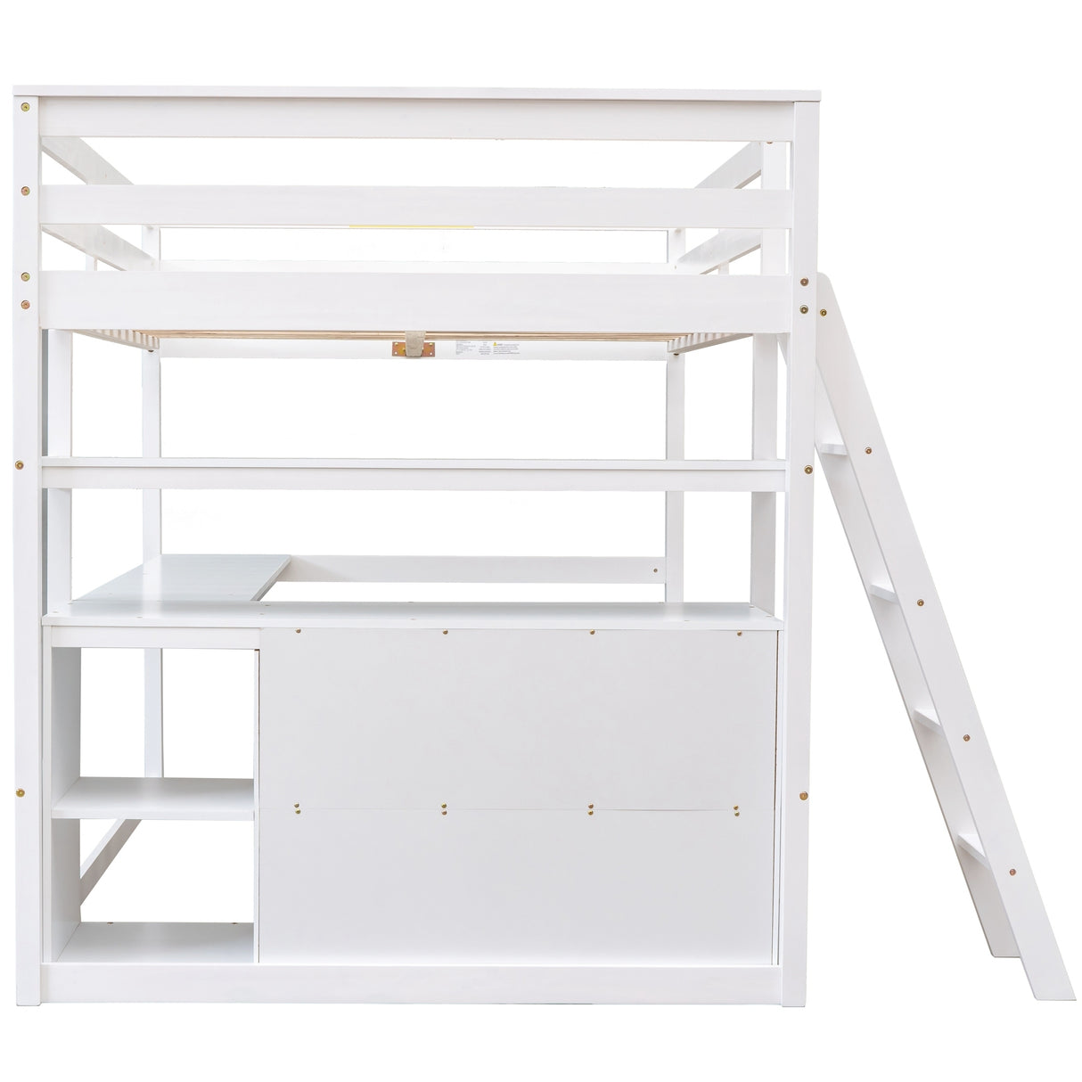 Full Size Loft Bed with Desk and Shelves,Two Built-in Drawers,White - Home Elegance USA