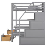 Full over Full Size Bunk Bed with staircase,the Down Bed can be Convertible to Seats and Table Set,Grey - Home Elegance USA