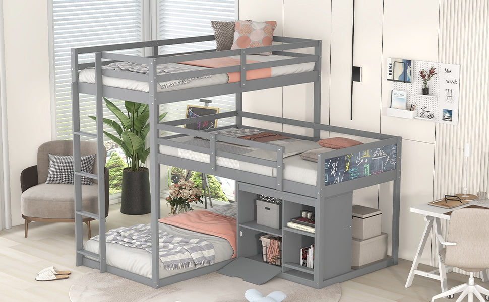 L-shaped Wood Triple Twin Size Bunk Bed with Storage Cabinet and Blackboard, Ladder, Gray - Home Elegance USA