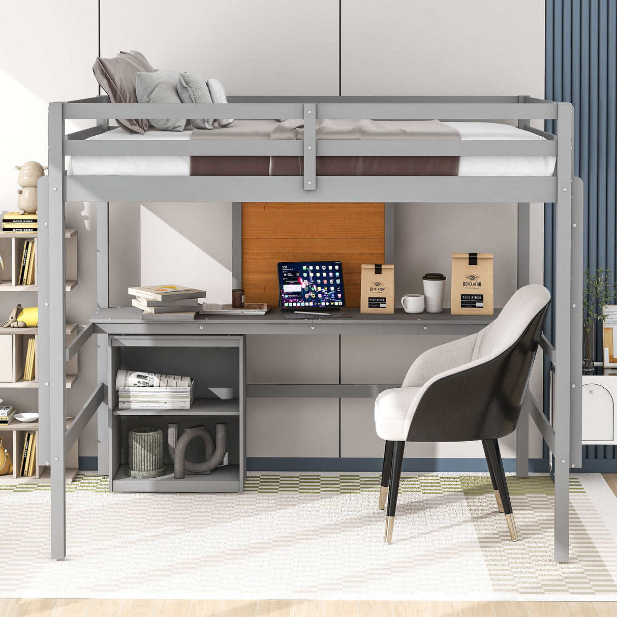 Full size Loft Bed with Desk and Writing Board, Wooden Loft Bed with Desk & 2 Drawers Cabinet- Gray - Home Elegance USA