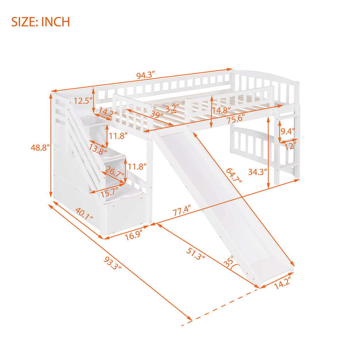 Stairway Twin Size Loft Bed with Two Drawers and Slide, White（OLD SKU:LP000515AAK） - Home Elegance USA