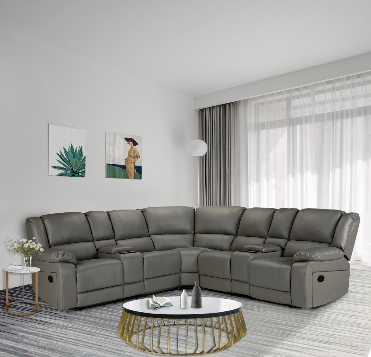 Sectional Manual Reclining Sofa GREY PU（W223S00029、W223S00070。Size difference, See Details in page.） - Home Elegance USA