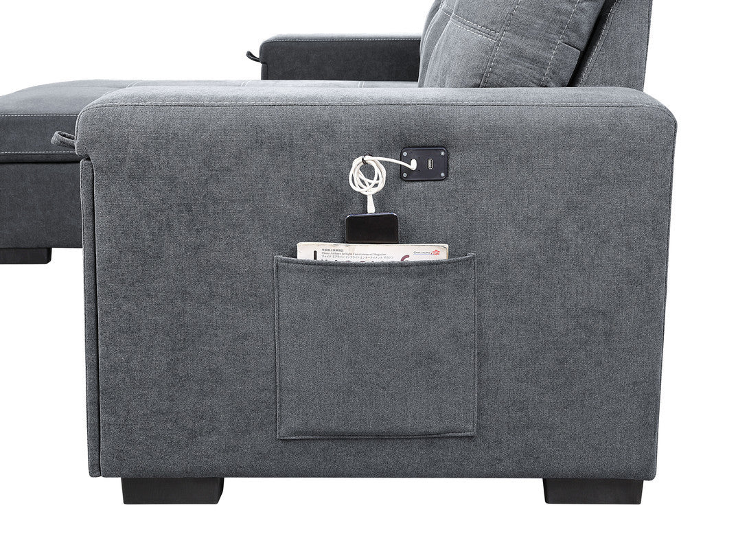 Toby Gray Woven Fabric Reversible Sleeper Sectional Sofa with Storage Chaise Cup Holder USB Ports and Pockets - Home Elegance USA