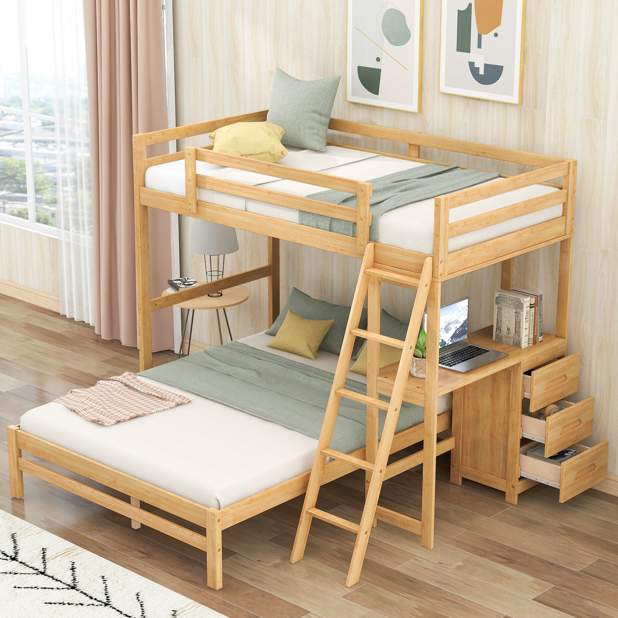 Twin over Full Bunk Bed with Built-in Desk and Three Drawers, Natural