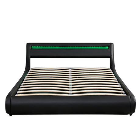 Upholstered Faux Leather Platform bed with a Hydraulic Storage System with LED Light Headboard Bed Frame with Slatted Queen Size