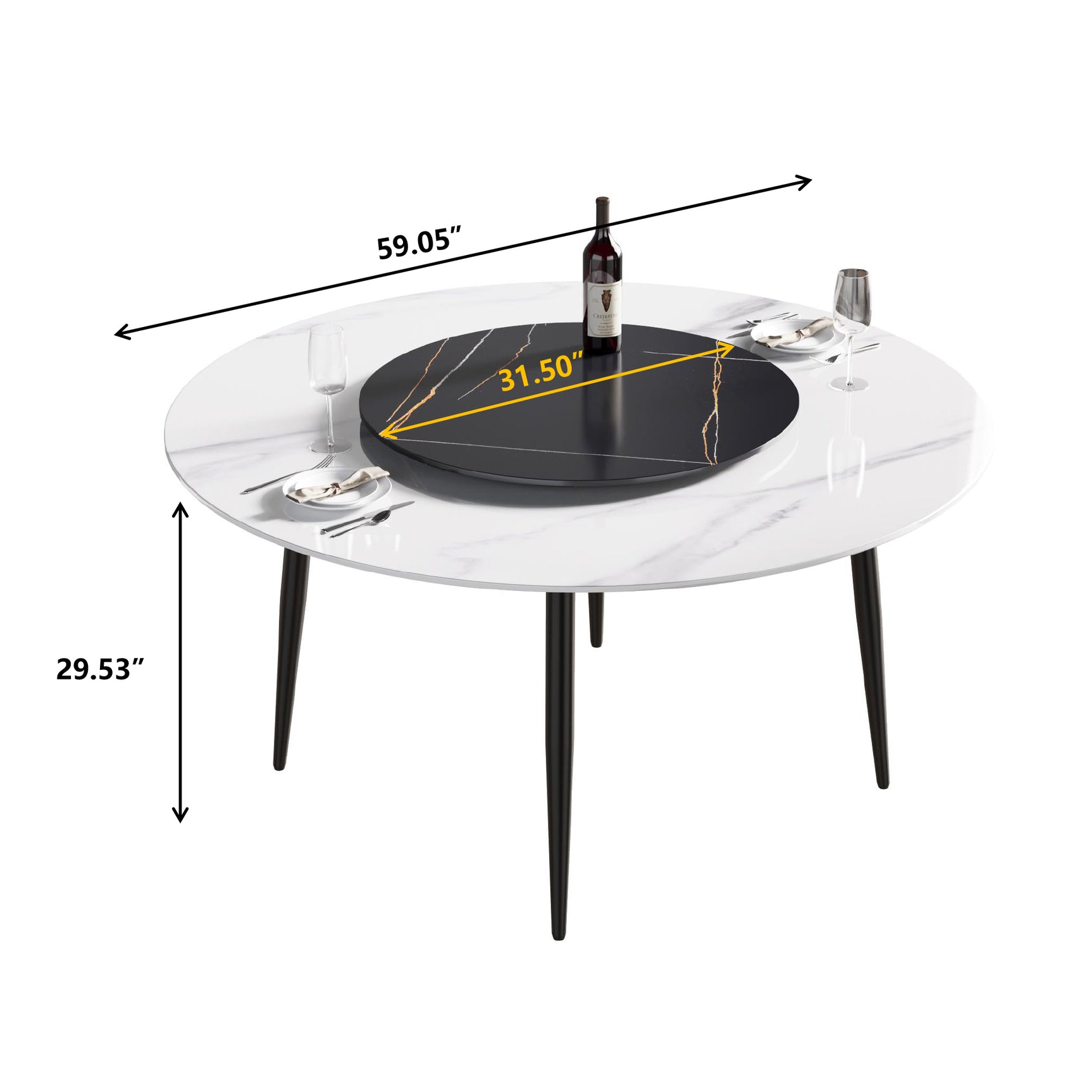 59.05"Modern artificial stone round black metal dining table - can accommodate 6 people - 31.5"black artificial stone turntable - W1535S00016 - image - 10