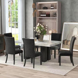 7-piece Dining Table Set with 1 Faux Marble Dining Rectangular Table and 6 Upholstered-Seat Chairs ,for Dining room and Living Room ,Black - Home Elegance USA