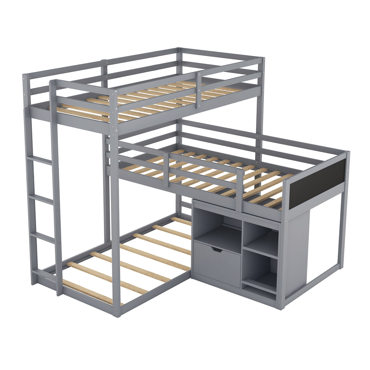 L-shaped Wood Triple Twin Size Bunk Bed with Storage Cabinet and Blackboard, Ladder, Gray - Home Elegance USA