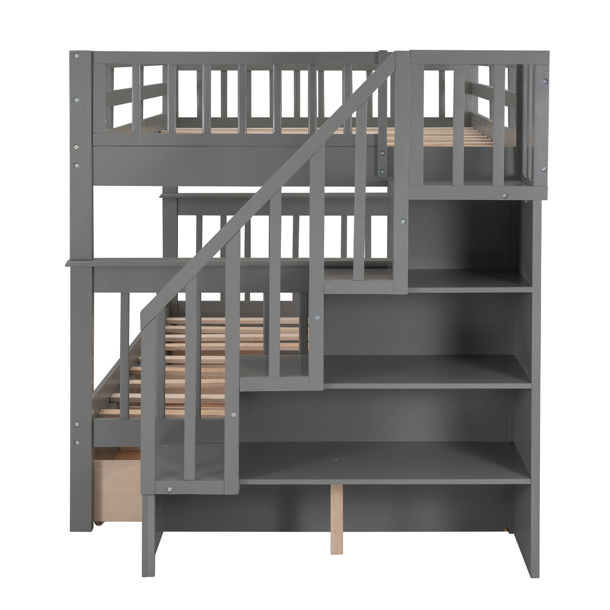 Stairway Full-Over-Full Bunk Bed with Drawer, Storage and Guard Rail for Bedroom, Gray color( old sku: LP000310AAE ) - Home Elegance USA