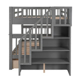 Stairway Full-Over-Full Bunk Bed with Drawer, Storage and Guard Rail for Bedroom, Gray color( old sku: LP000310AAE ) - Home Elegance USA