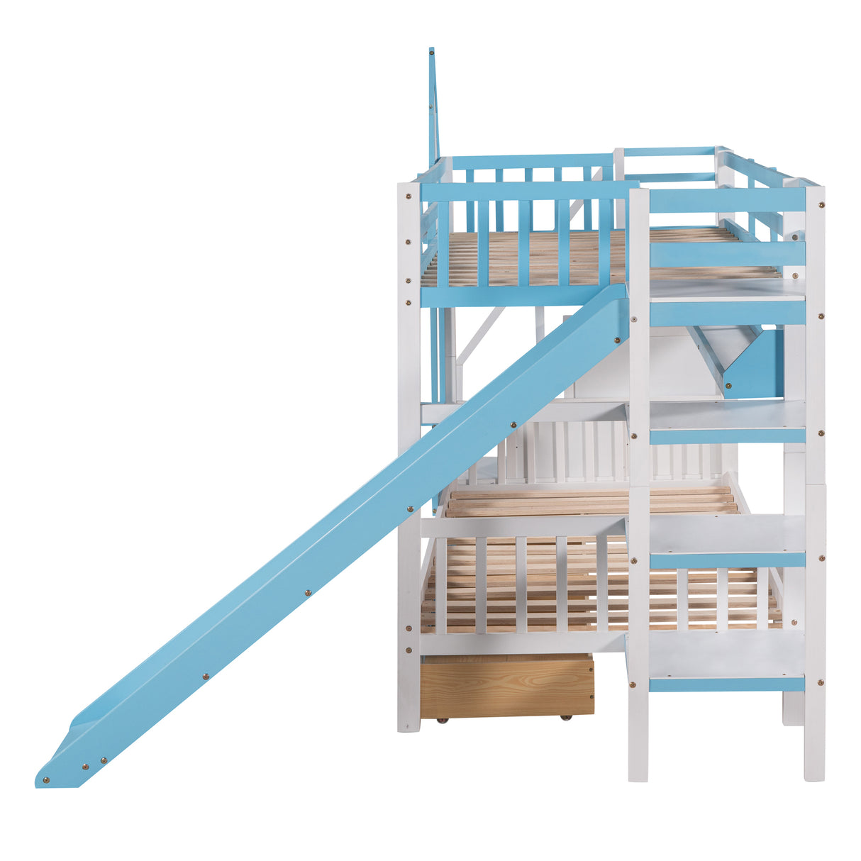 Twin-Over-Twin Castle Style Bunk Bed with 2 Drawers 3 Shelves and Slide - Blue