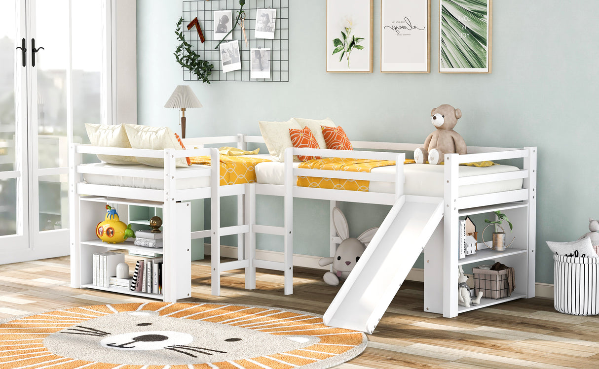 Twin Size L-Shaped Loft Bed with Movable Two-Tier Shelves and Slide,White - Home Elegance USA