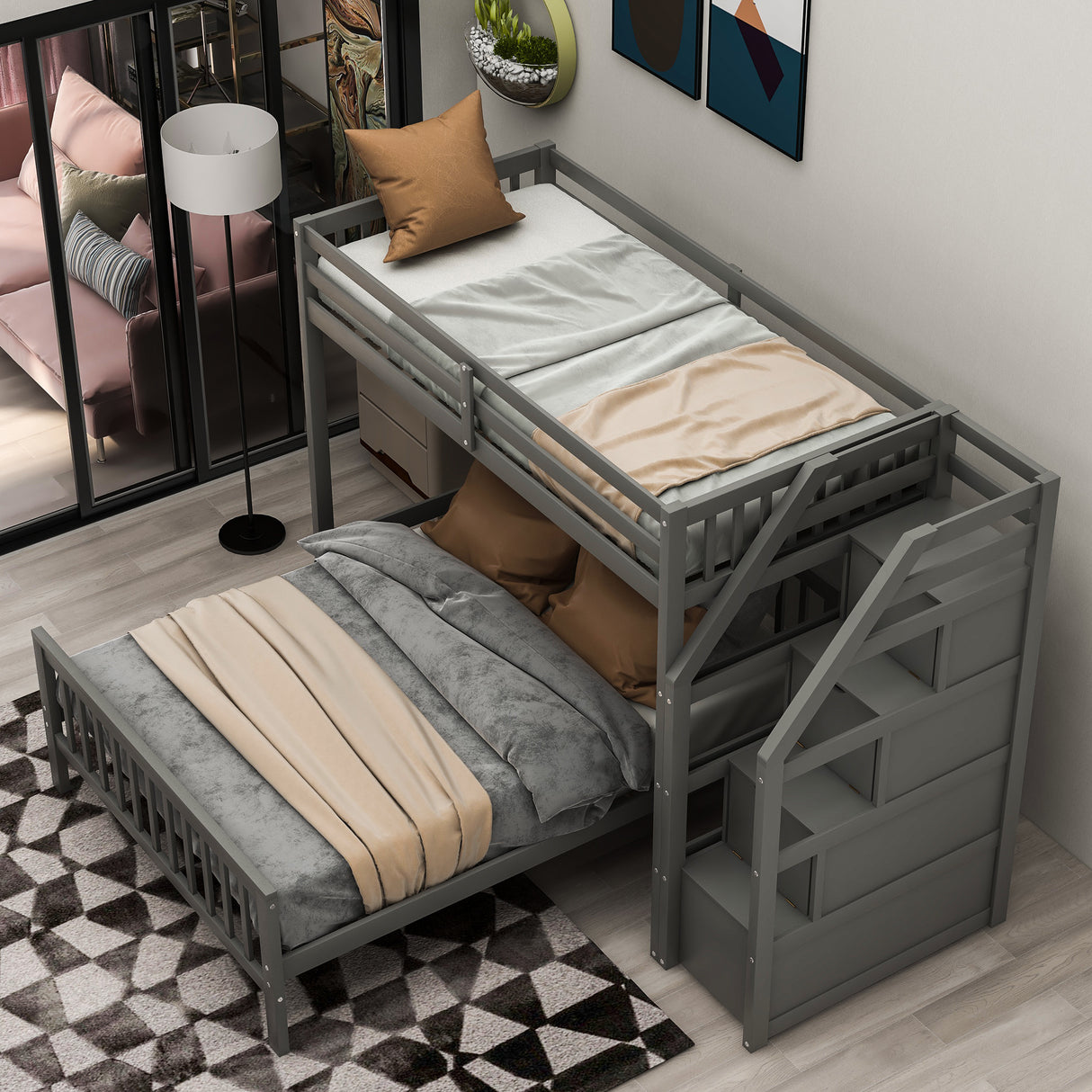 Twin over Full Loft Bed with Staircase,Gray(OLD SKU:SM000107AAE) - Home Elegance USA