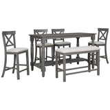 TREXM 6-Piece Counter Height Dining Table Set Table with Shelf 4 Chairs and Bench for Dining Room (Gray) - Home Elegance USA