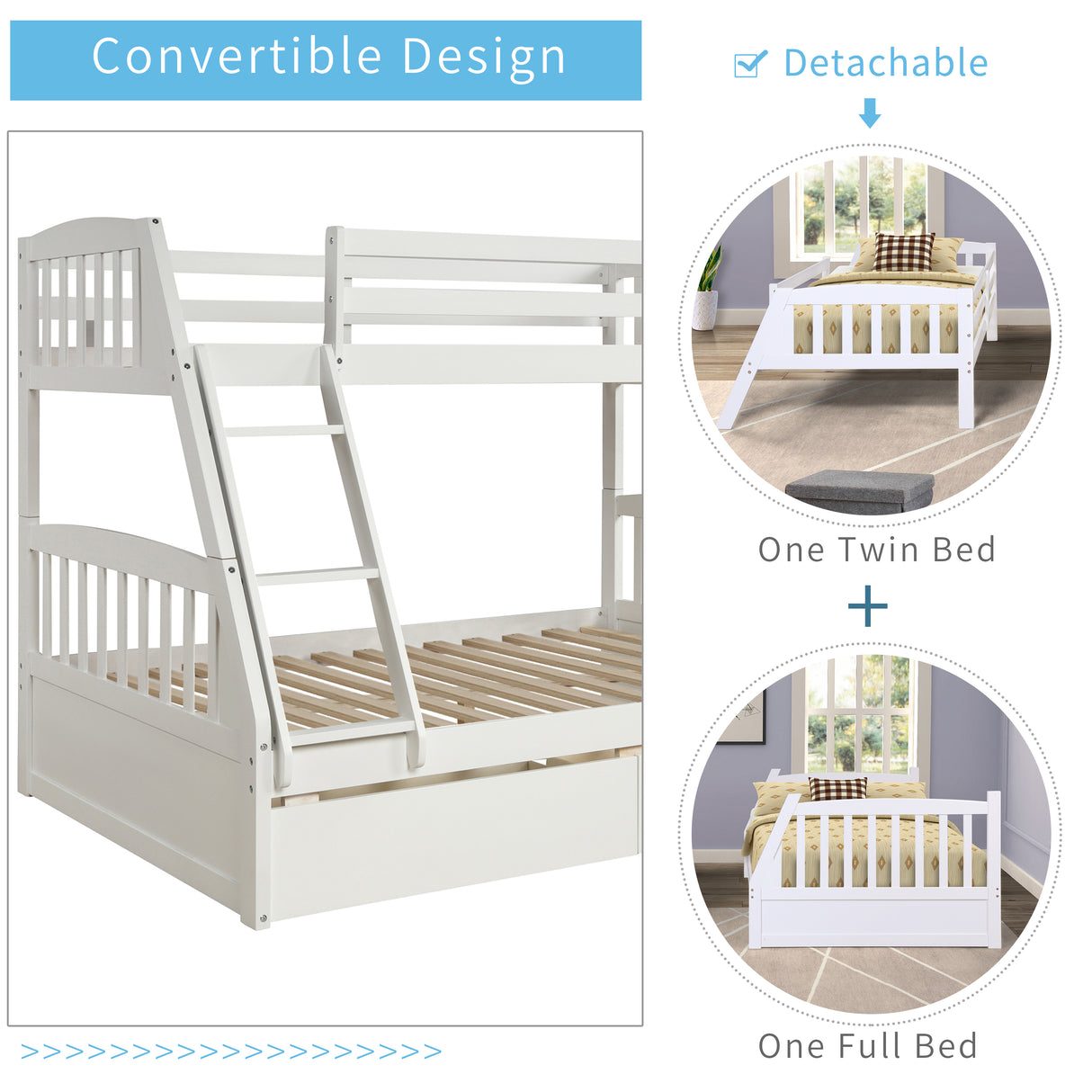 TOPMAX Solid Wood Twin Over Full Bunk Bed with Two Storage Drawers, White