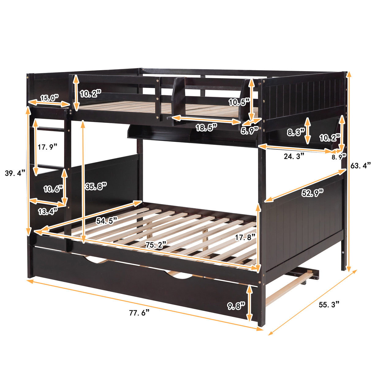 Full-Over-Full Bunk Bed with Twin size Trundle , Separable Bunk Bed with Bookshelf for Bedroom-Espresso - Home Elegance USA