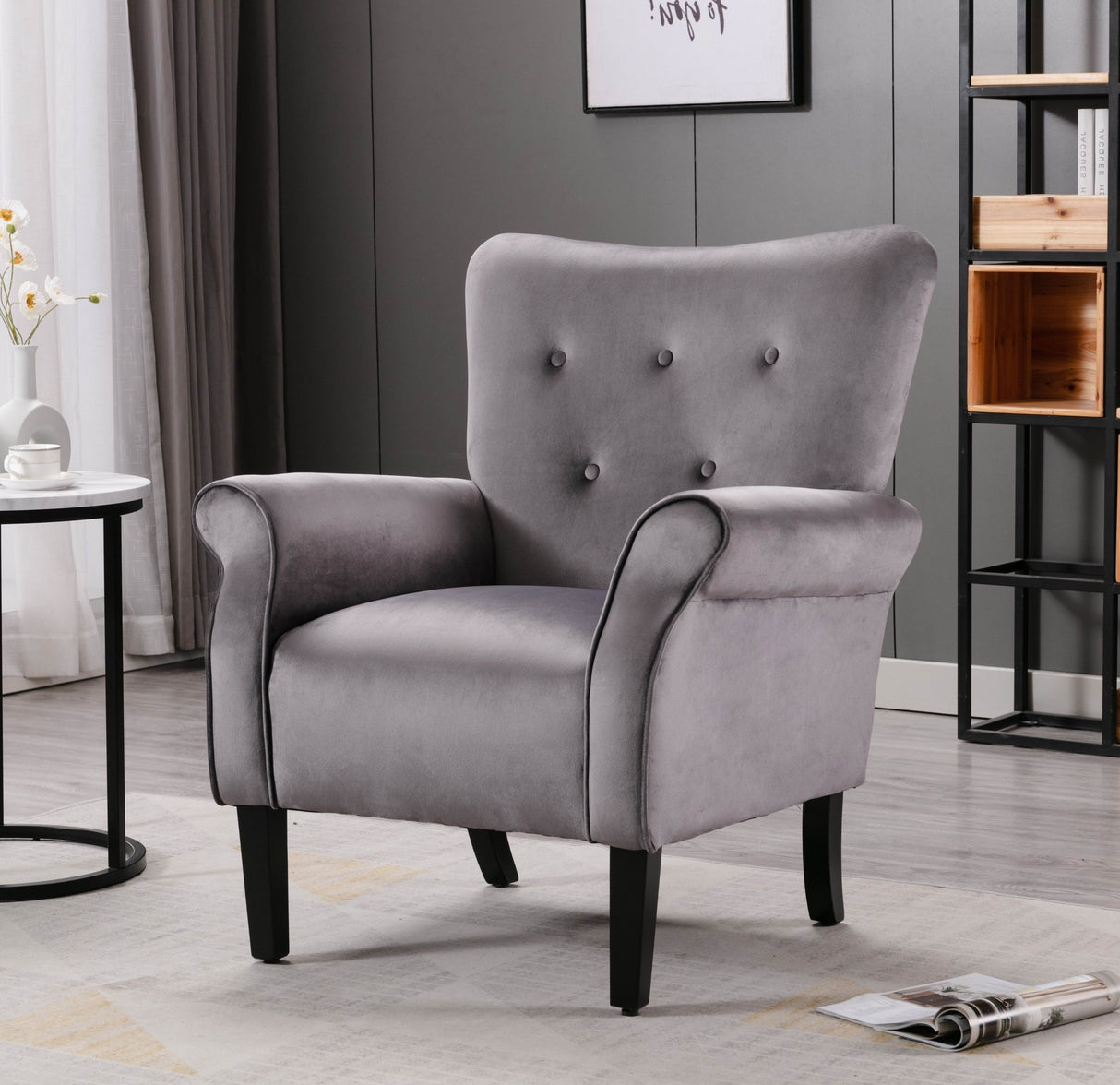 Stylish Living Room Furniture 1pc Accent Chair Grey Button-Tufted Back Rolled-Arms Black Legs Modern Design Furniture
