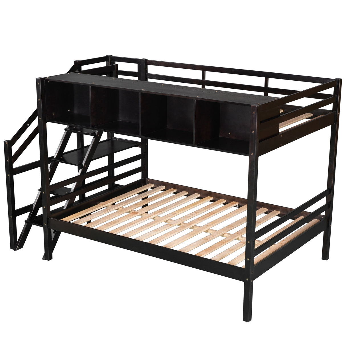 Twin over Full Bunk Bed with Staircase and Built-in Storage Cabinets,Espresso - Home Elegance USA