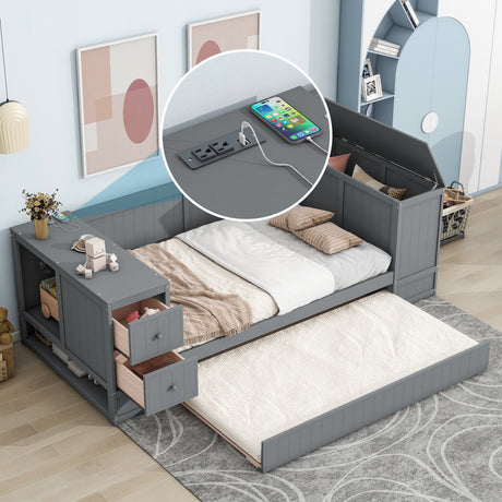 Twin Size Daybed with Storage Arms, Trundle and Charging Station, Gray - Home Elegance USA