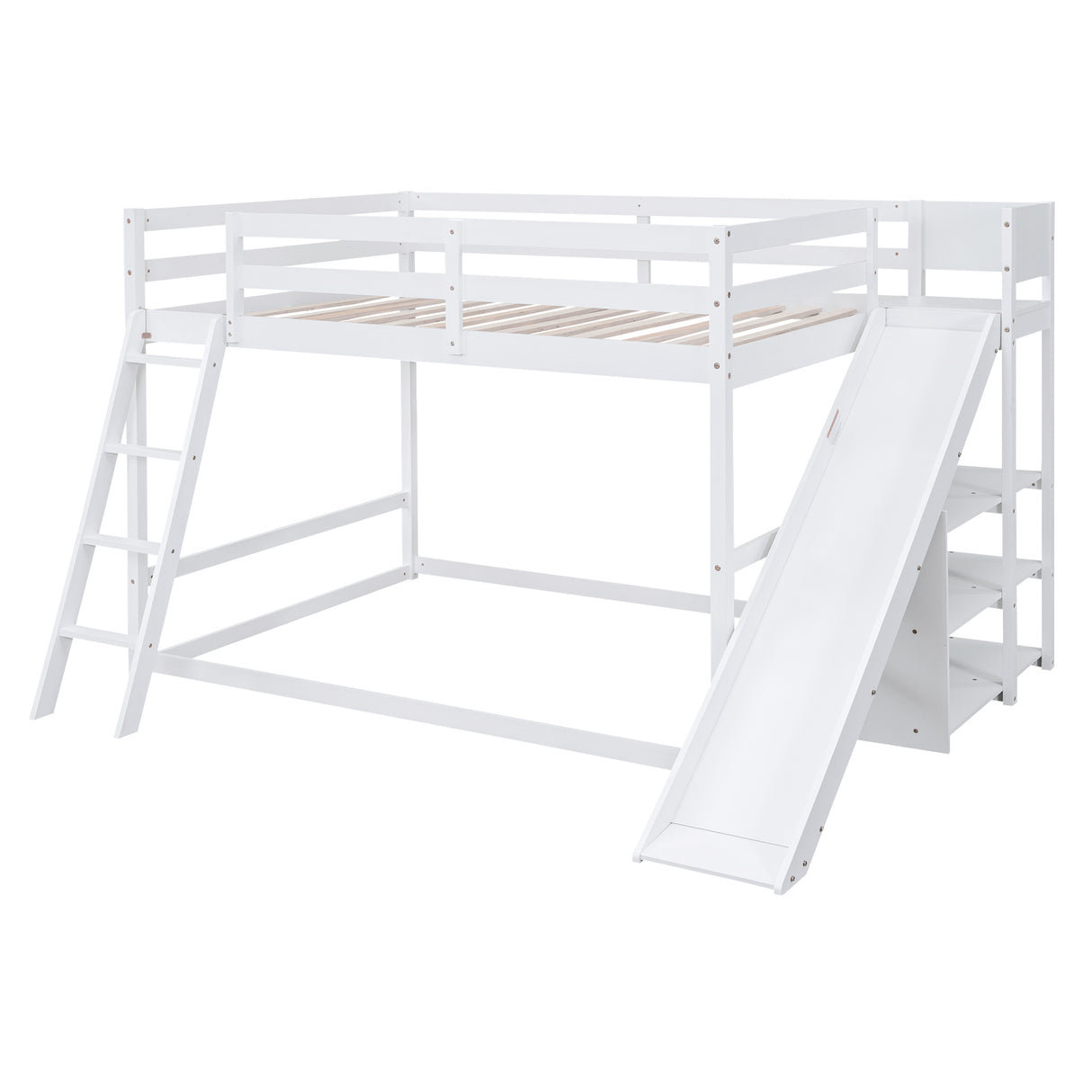 Full over Full Bunk Bed with Ladder, Slide and Shelves, White - Home Elegance USA