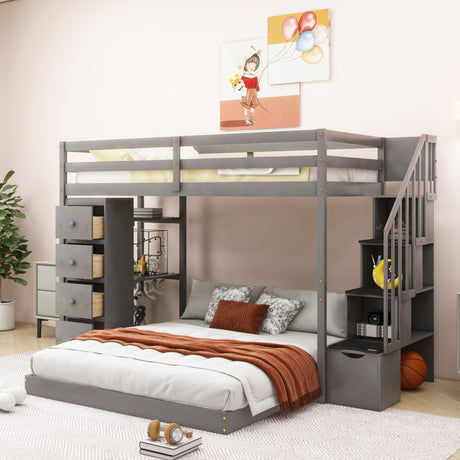 Twin Over Full Bunk Bed with 3-layer Shelves, Drawers and Storage Stairs, Gray - Home Elegance USA