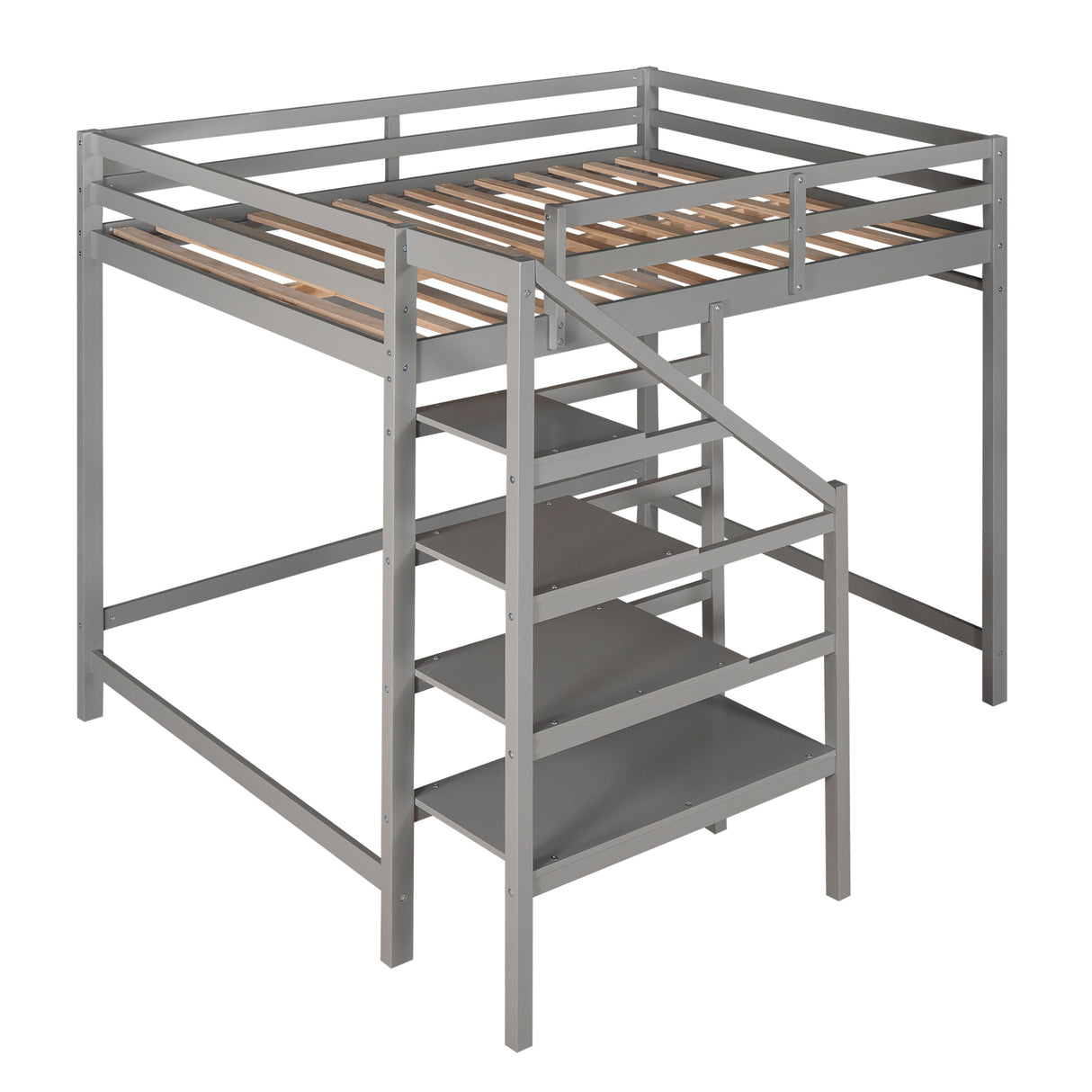 Full Size Loft Bed with Built-in Storage Staircase and Hanger for Clothes,Gray - Home Elegance USA