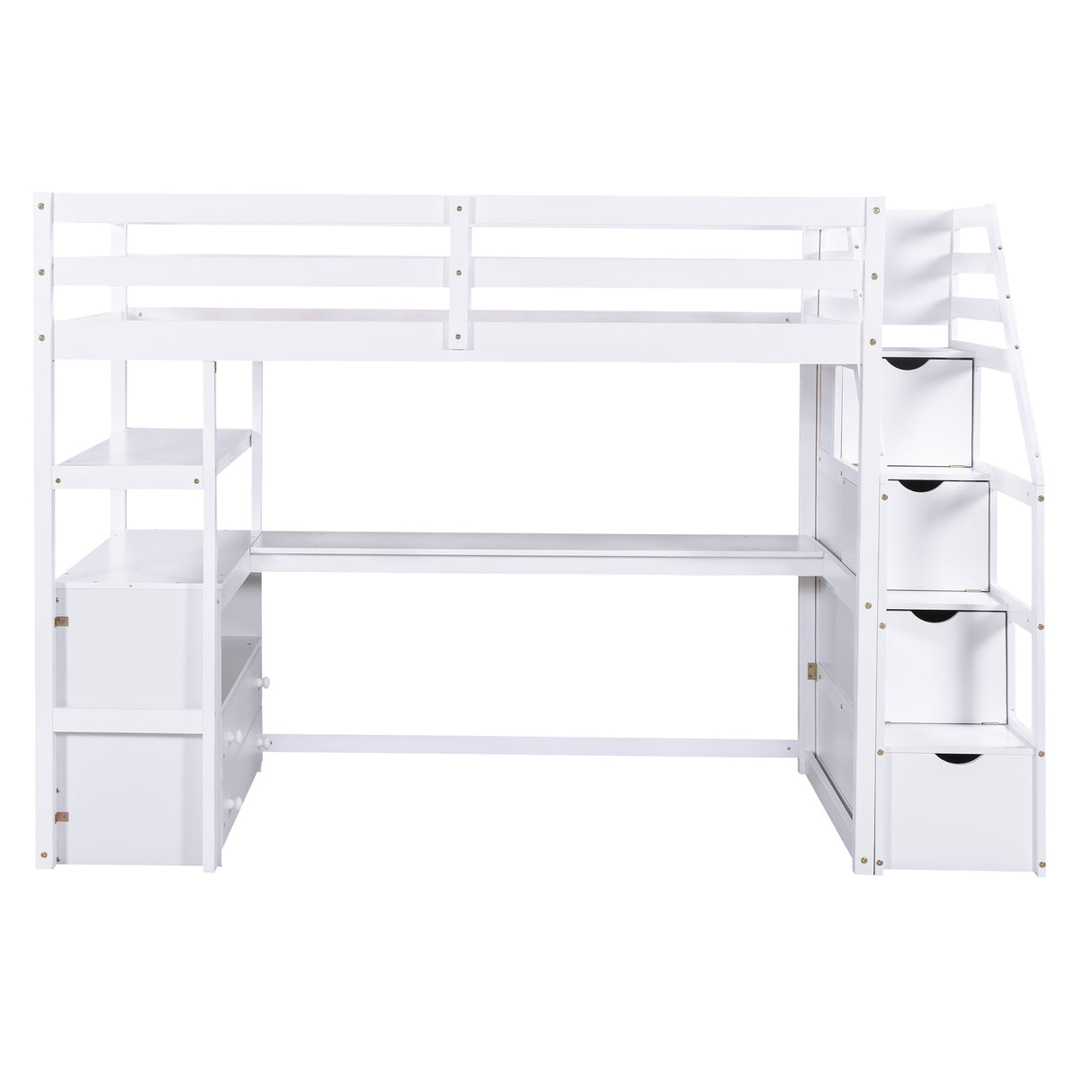 Twin Size Loft Bed with Desk and Shelves, Two Built-in Drawers, Storage Staircase, White