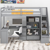 Twin Size Loft Bed with L-Shaped Desk and Drawers, Cabinet and Storage Staircase, Gray - Home Elegance USA