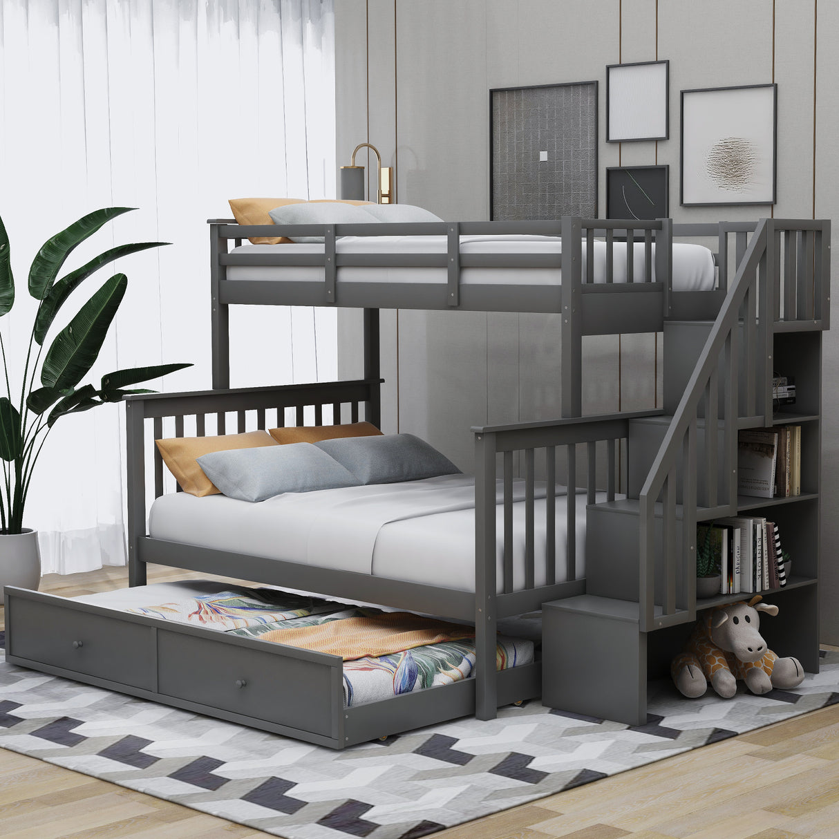 Stairway Twin-Over-Full Bunk Bed with Twin size Trundle, Storage and Guard Rail for Bedroom, Dorm, for Adults, Gray(OLD SKU :LP000119AAE) - Home Elegance USA