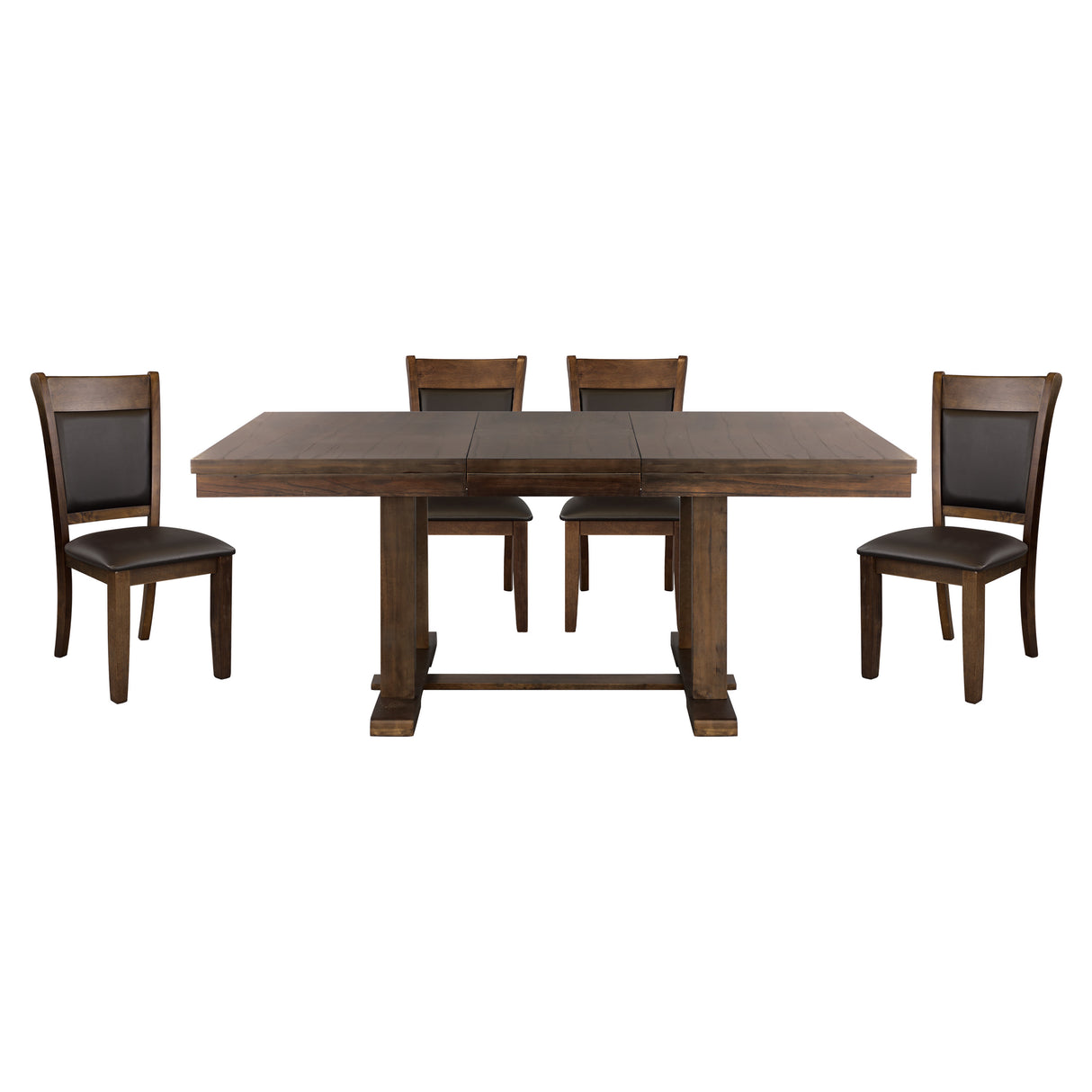 Transitional 5pc Dining Set Table with Self-Storing Leaf and Faux Leather Upholstered 4x Side Chairs Light Rustic Brown Finish Dining Room Furniture - Home Elegance USA