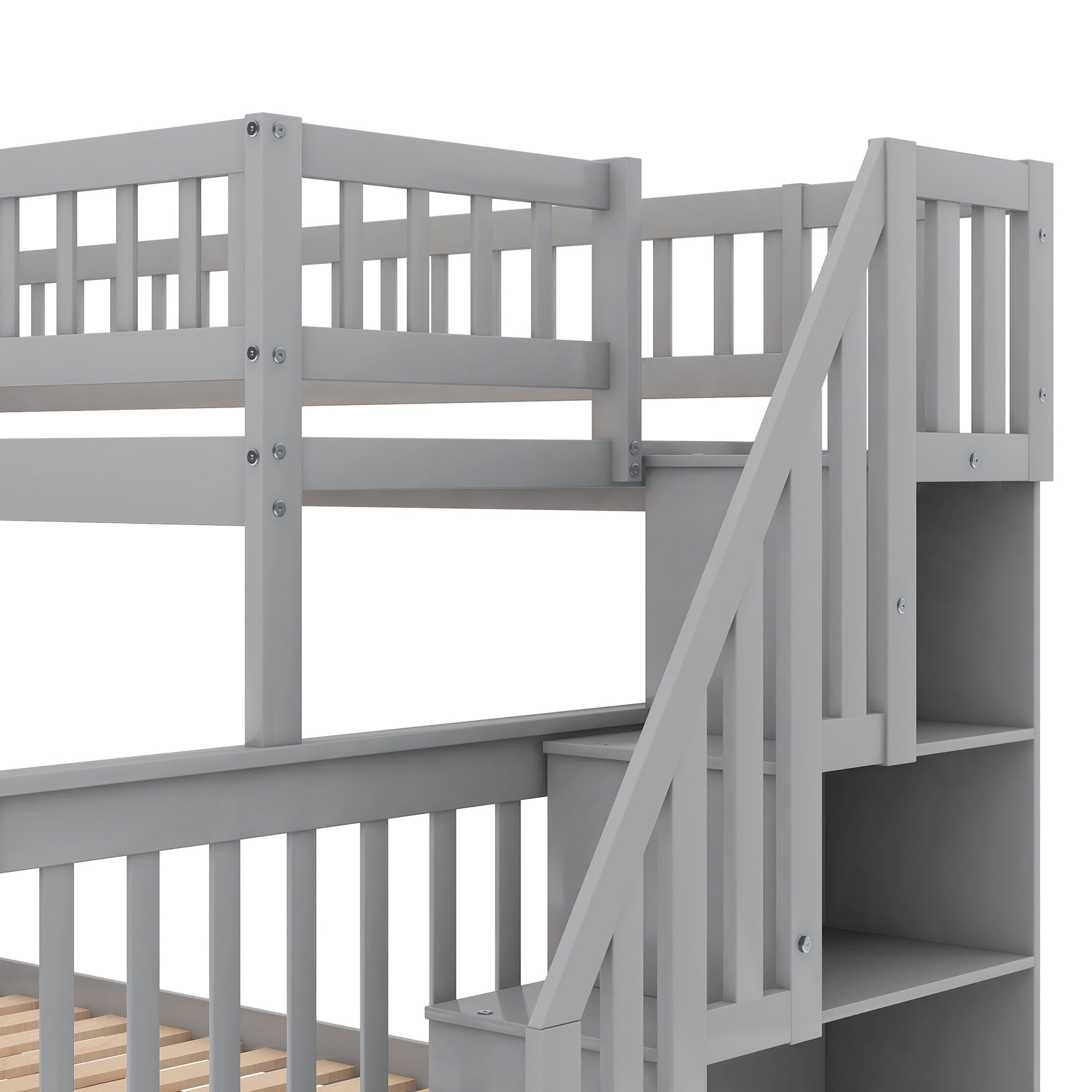 Twin over Full Bunk Bed with Trundle and Staircase,Gray - Home Elegance USA