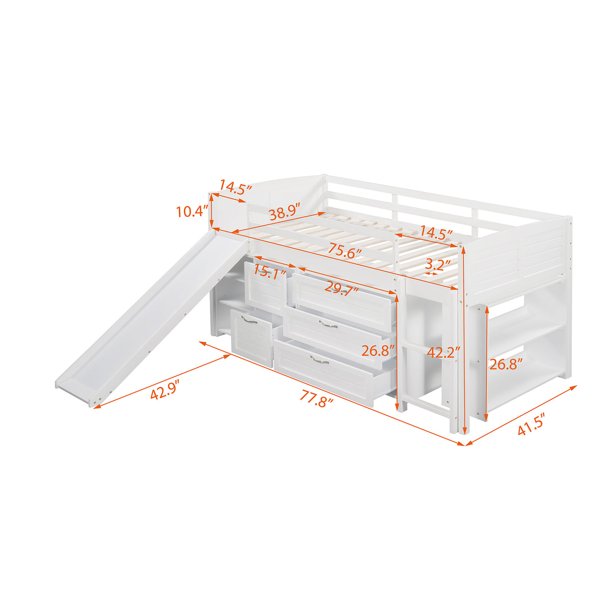 Low Twin Size Loft Bed with Cabinets, Shelves and Slide - White(OLD SKU :LP000503AAK)