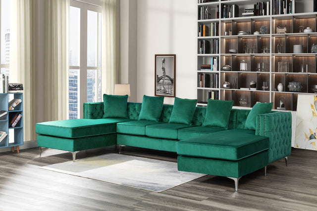 Ryan Green Velvet Double Chaise Sectional Sofa with Nail-Head Trim - Home Elegance USA