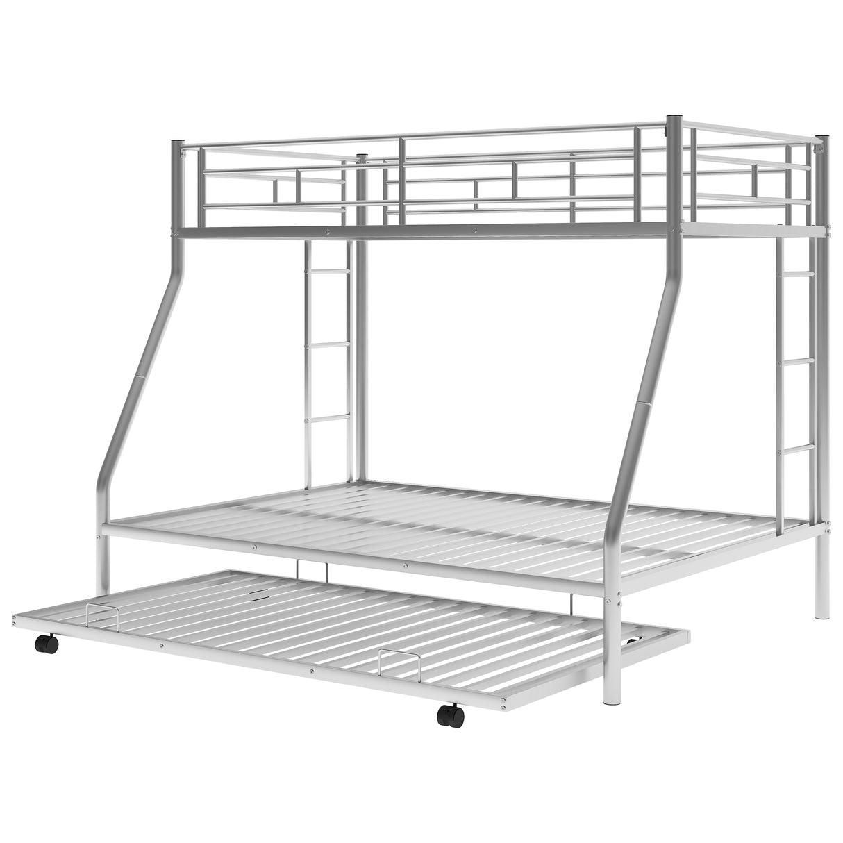 Twin over Full Bed with Sturdy Steel Frame, Bunk Bed with Twin Size Trundle, Two-Side Ladders, Silver(OLD SKU:MF194424AAN) - Home Elegance USA