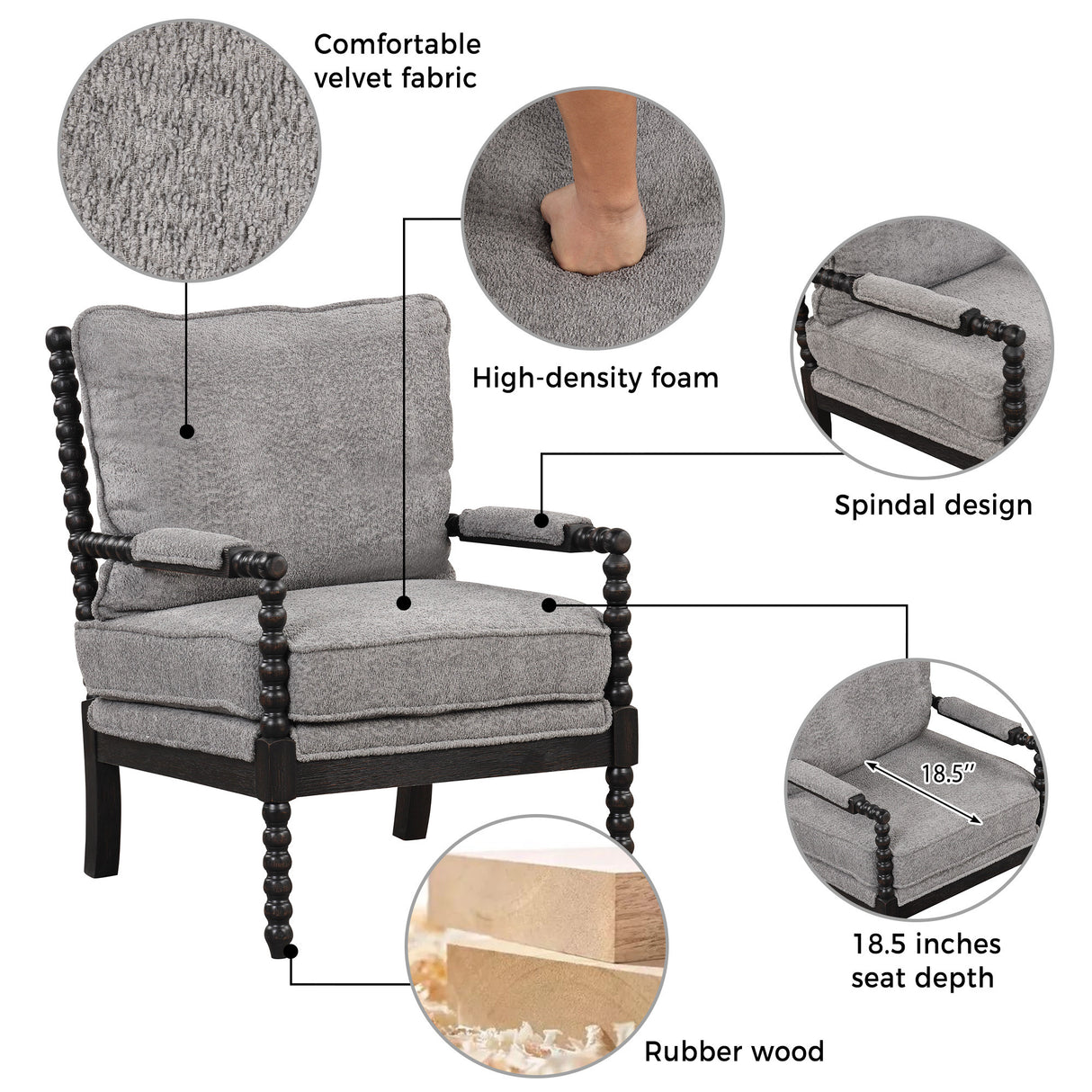 The Spindle Chair Velvet  Accent Chair with Ottoman, Modern Lounge Accent Chair with Armrests pad, Reading Chair with Footrest for Small Space, Living room, Black+Gray - Home Elegance USA