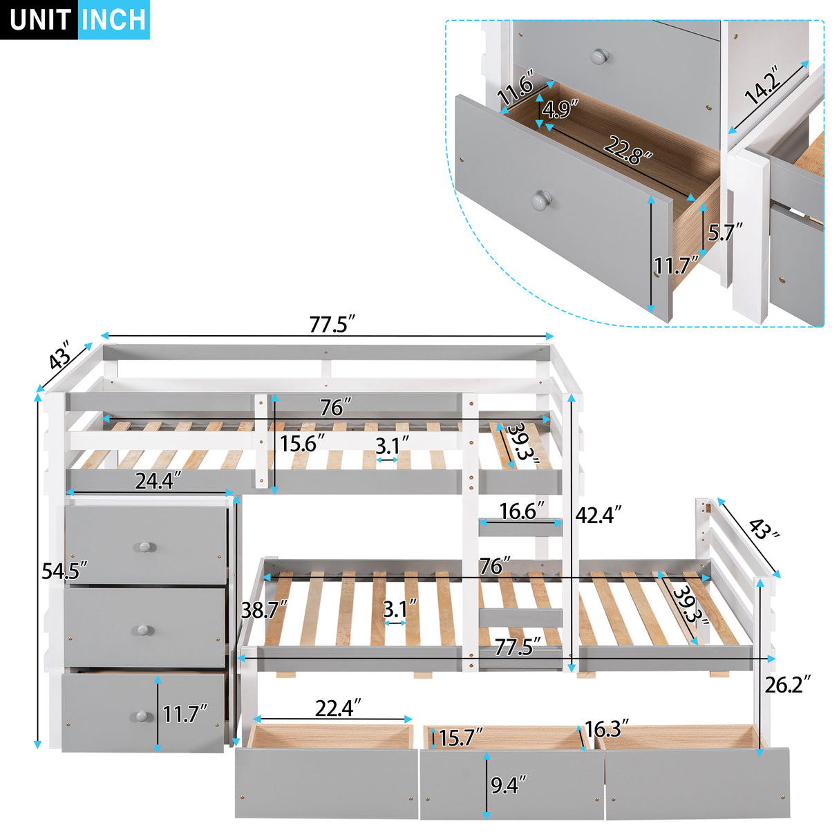 Twin over Twin Loft Bunk Bed with Drawers and Ladder, Gray - Home Elegance USA