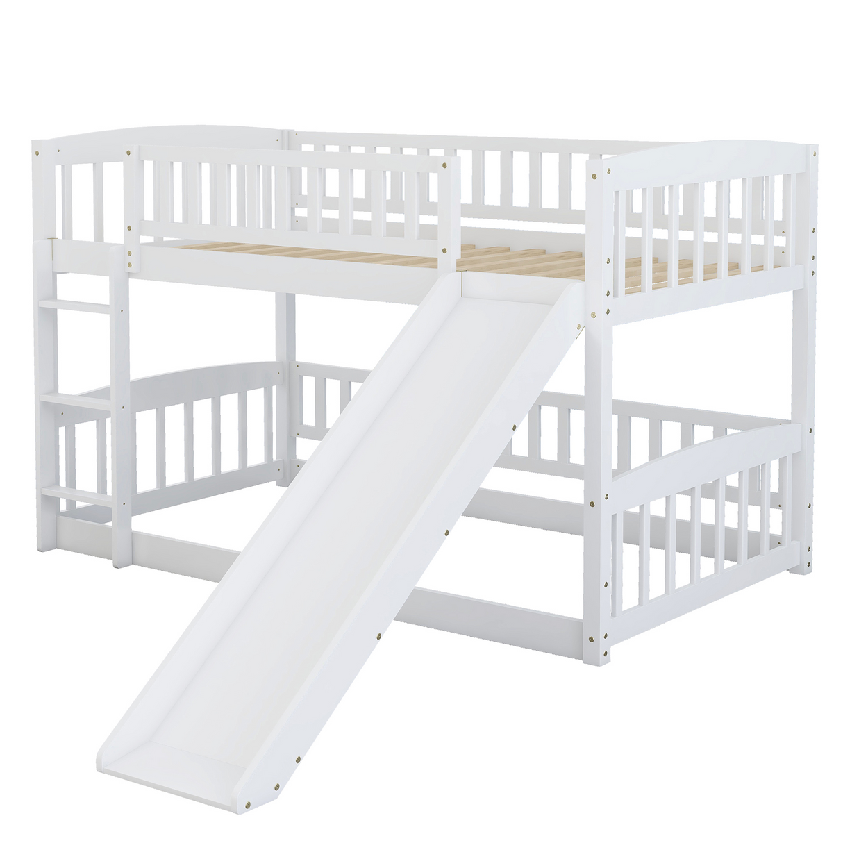 Bunk Bed with Slide,Twin Over Twin Low Bunk Bed with Fence and Ladder for Toddler Kids Teens White - Home Elegance USA
