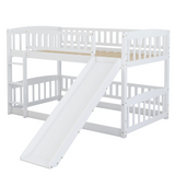 Bunk Bed with Slide,Twin Over Twin Low Bunk Bed with Fence and Ladder for Toddler Kids Teens White - Home Elegance USA