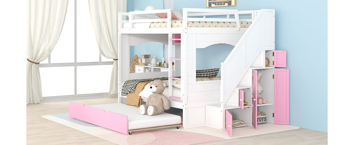 Full Over Full Bunk Bed with Trundle ,Stairs,Ladders Solid Wood Bunk bed with Storage Cabinet （White + Pink） - Home Elegance USA