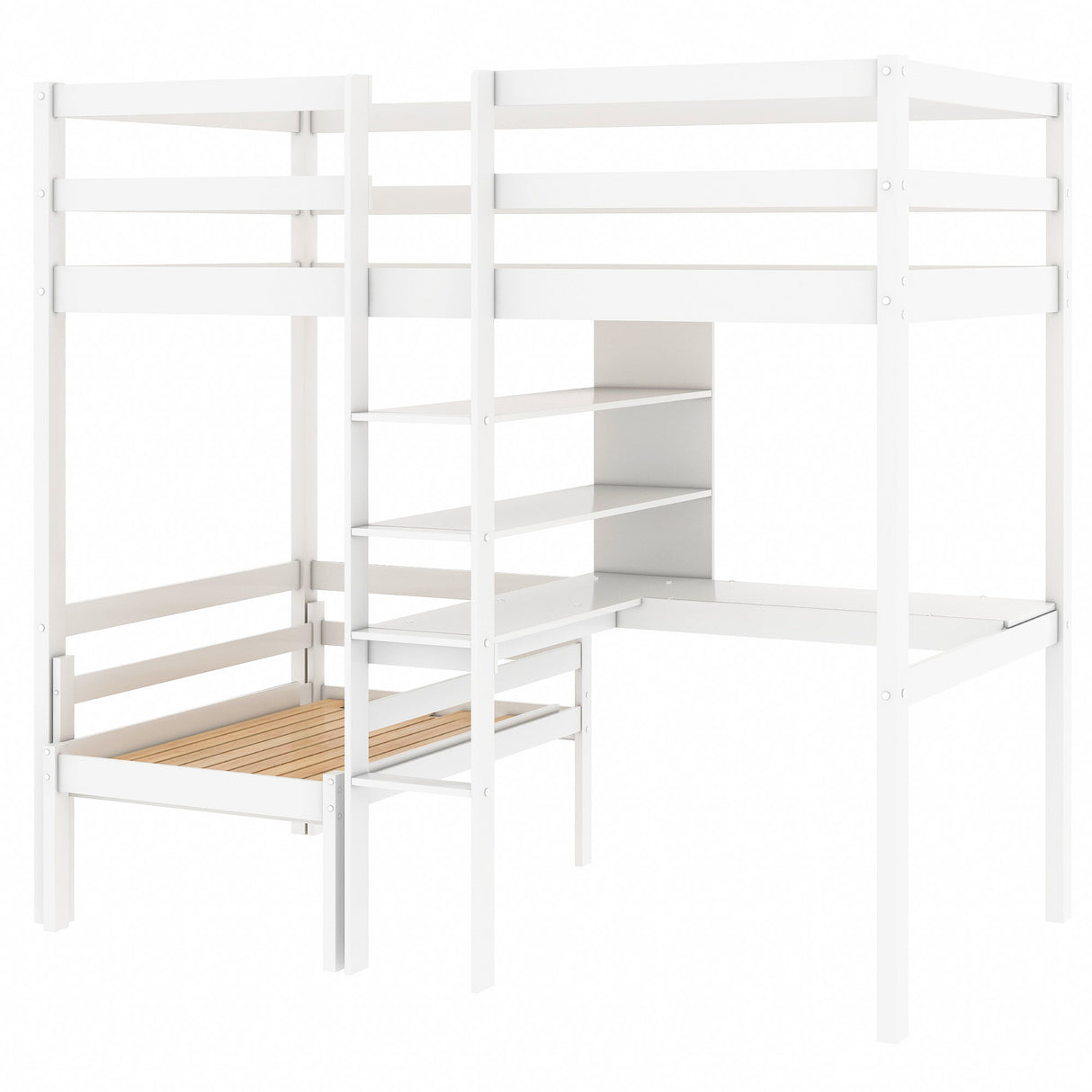 Convertible Loft Bed with L-Shape Desk, Twin Bunk Bed with Shelves and Ladder, White(OLD SKU:SM000209AAK-1) - Home Elegance USA