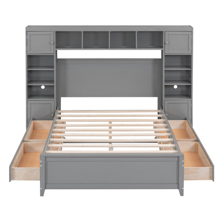 Full Size Wooden Bed With All-in-One Cabinet and Shelf, Gray - Home Elegance USA