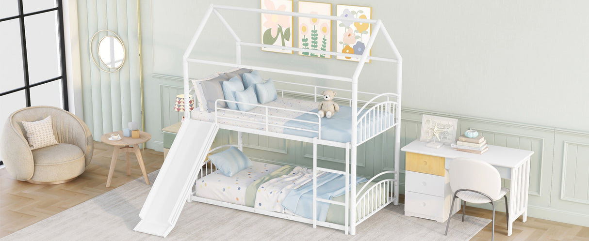 Twin Over Twin Metal Bunk Bed With Slide,Kids House Bed White - Home Elegance USA