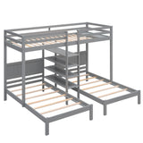 Twin XL over Twin&Twin Bunk Bed with Built-in Four Shelves and Ladder,Gray - Home Elegance USA