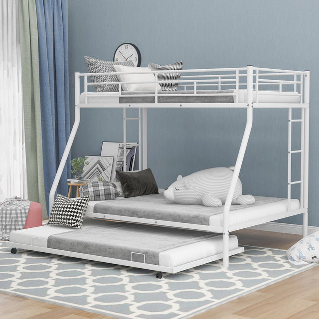 Twin over Full Bed with Sturdy Steel Frame, Bunk Bed with Twin Size Trundle, Two-Side Ladders, White(OLD SKU:MF194424AAK) - Home Elegance USA