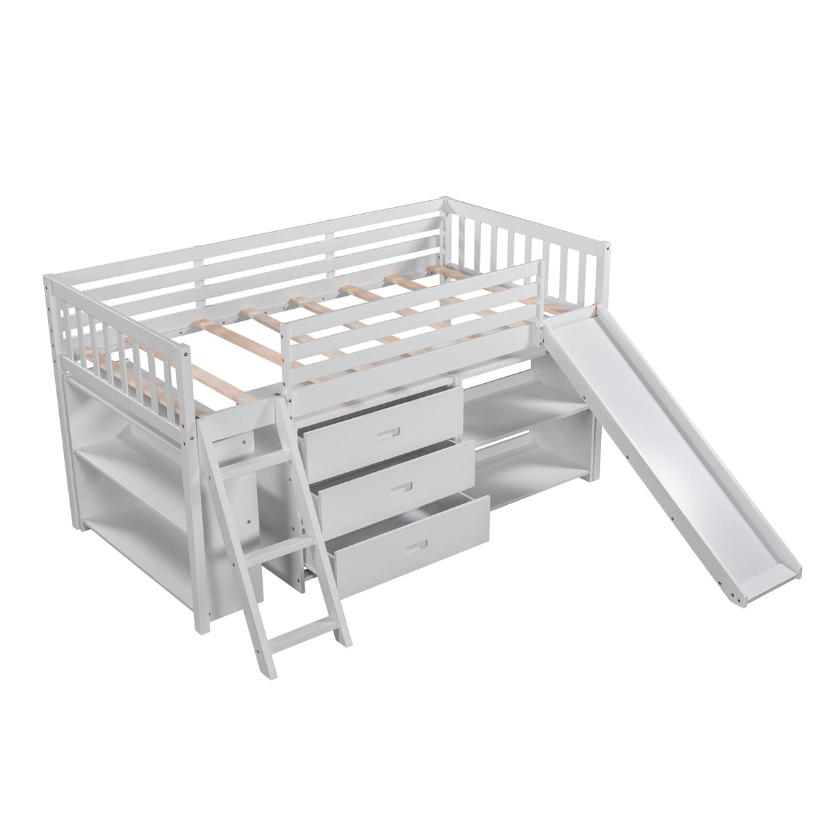 Low Loft Bed with Attached Bookcases and Separate 3-tier Drawers,Convertible Ladder and Slide,Twin,White - Home Elegance USA