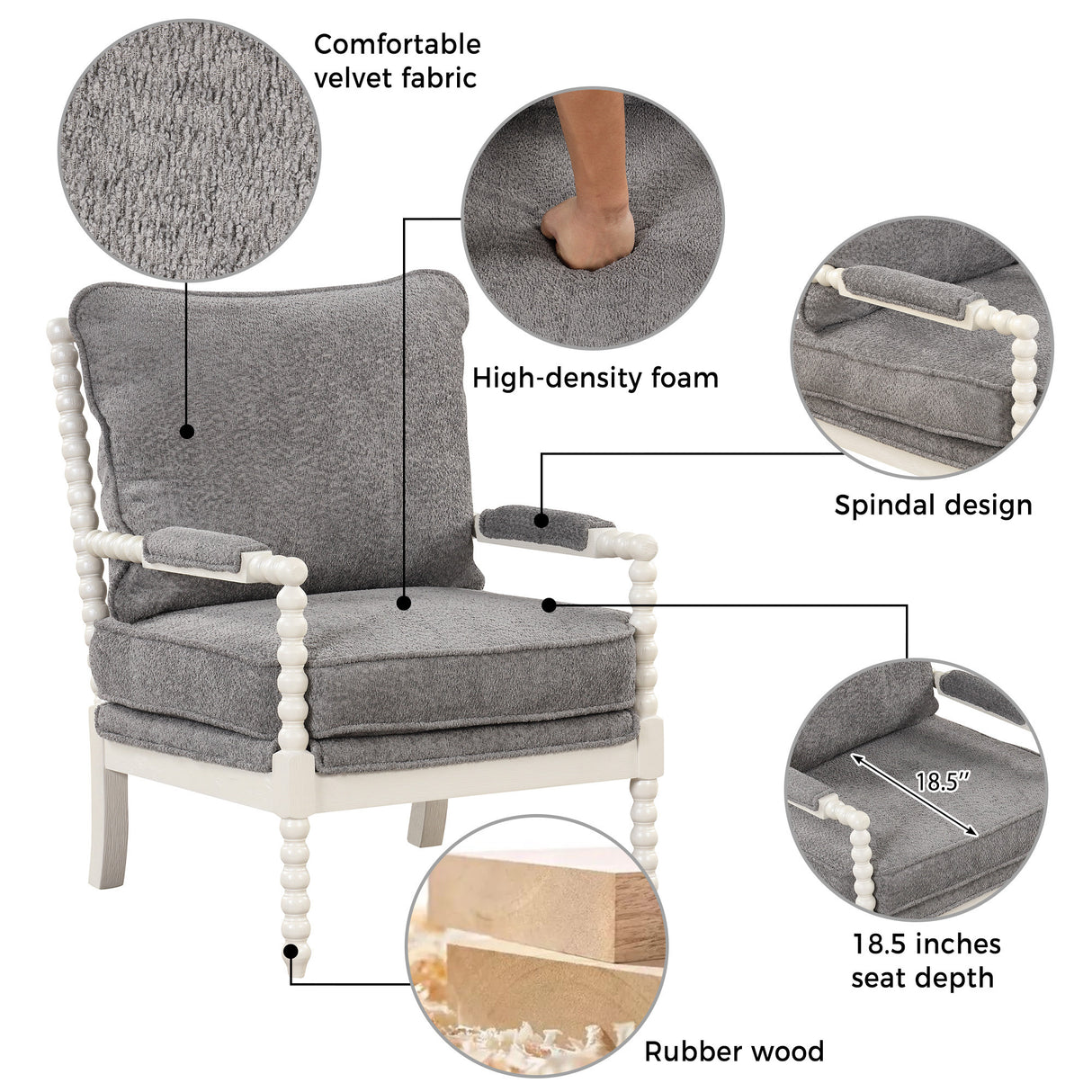 The Spindal Chair Velvet Accent Chair with Ottoman, Modern Lounge Accent Chair with Armrests pad, Reading Chair with Footrest for Small Space, Living room, White+Gray - Home Elegance USA
