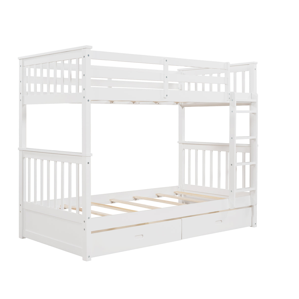 Twin-Over-Twin Bunk Bed with Ladders and Two Storage Drawers (White) - Home Elegance USA