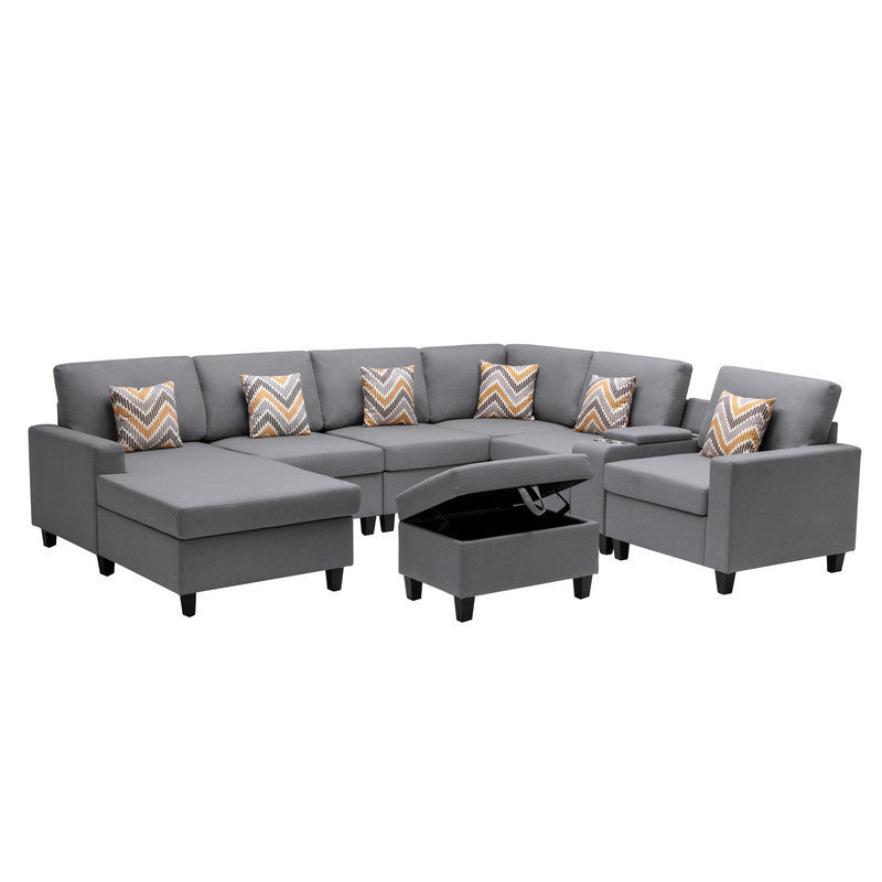 Nolan Gray Linen Fabric 8Pc Reversible Chaise Sectional Sofa with Interchangeable Legs, Pillows, Storage Ottoman, and a USB, Charging Ports, Cupholders, Storage Console Table - Home Elegance USA